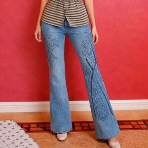 Embroidered Blue Flare Jeans Made In Italy